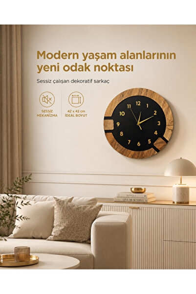 Nixar Desing Sessiz Mekanizmalı Modern Geometrik MDF Duvar Saati Tesbih Keçe MDF Görünümlü Duvar Saati 42x42 cm