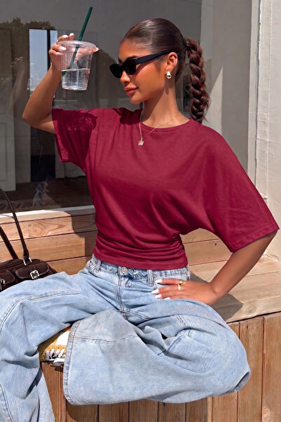 GENIUS STORE Women's Waist-Fitted Wide Sleeve Blouse Bat Sleeve Burgundy Blouse