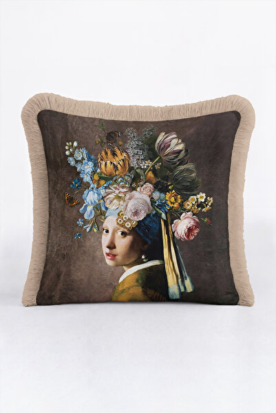 Evimde Bambaşka Artistic Floral Portrait Baroque Fringed Pillowcase - Bohemia...