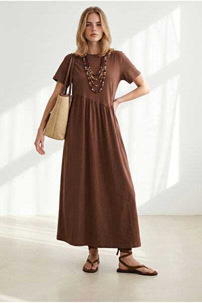 Olalook Women's Brown Asymmetrical Front Stitched Long Bell Cotton Dress Elb-...