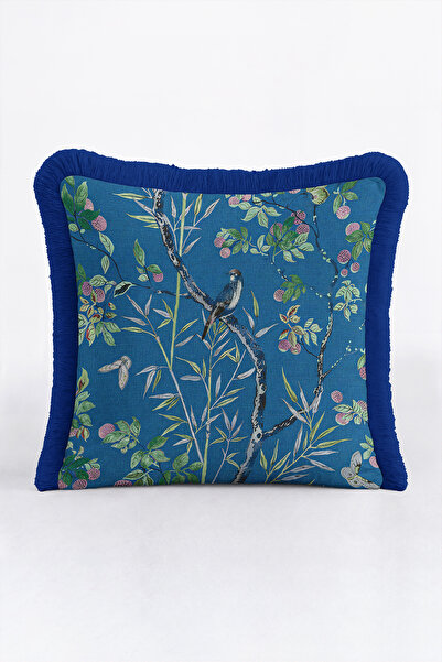 Evimde Bambaşka Exotic Bird Botanical Fringe Pillowcase - Tropical Garden Gre...