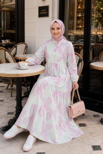Hb Harma Time Butik فستان نسائي وردي اللون بأزرار ونقشة مودال