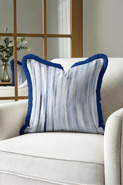 Evimde Bambaşka Abstract Striped Fringed Pillowcase - Akvarel Nordic Gray Blu...