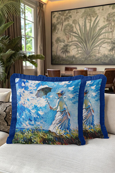 Evimde Bambaşka Monet Umbrella Woman Fringed Pillowcase - Natural Lake Blue N...