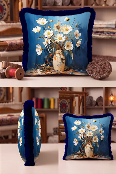 Evimde Bambaşka Floral Vase Pattern Fringed Pillowcase-Still Life Floral Blue...