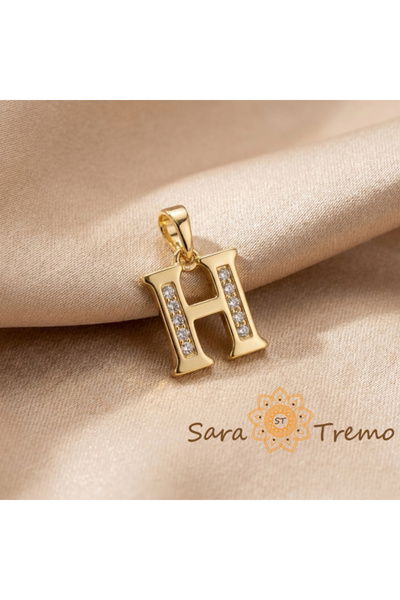 SaraTremo Μενταγιόν Γράμμα H με Ζιργκόν, Τριπλή Επιχρύσωση 14Κ