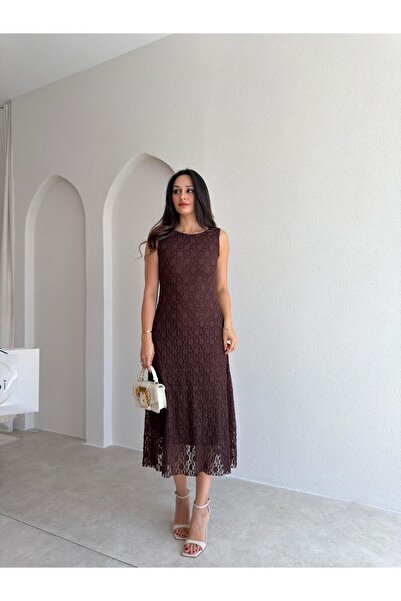Mooi Butik فستان BERA دانتيل ميدي 3038 - بني غامق