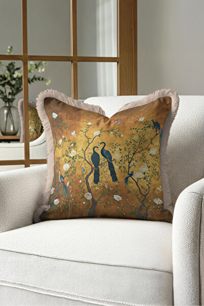 Evimde Bambaşka Exotic Bird and Floral Fringed Pillowcase - Shangri-La Garden...