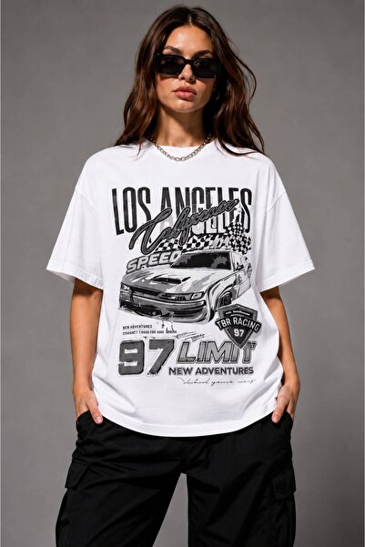 khufu White Oversize Cotton Los Angeles Speed Back Printed Relaxed Fit Unisex...