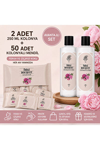 Rebul Bouquet 2x250 ml Cam Şişeli Kolonya + 50 Adet Bouquet Kolonyalı Mendil ...