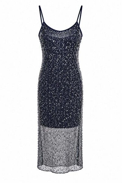 elif teke Rope Strap Glittering Sequined Dress Navy Blue