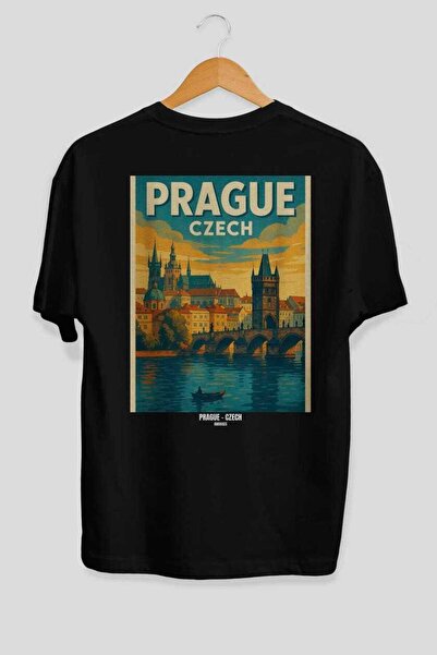 Ankhises Prague Czech 2 Tricou unisex negru supradimensionat cu imprimeu pe s...