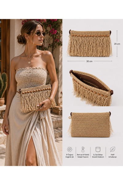 TrimArt Store El Örgüsü Hasır Püsküllü Clutch Çanta – Ahşap Boncuk Detaylı, F...