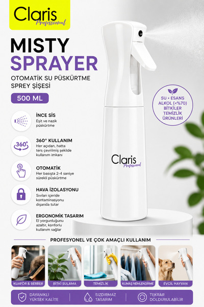 CLARİS Sprayer 500 ml Otomatik Su Spreyi Kuaför Berber Suluk İnce Sis Püskürt...