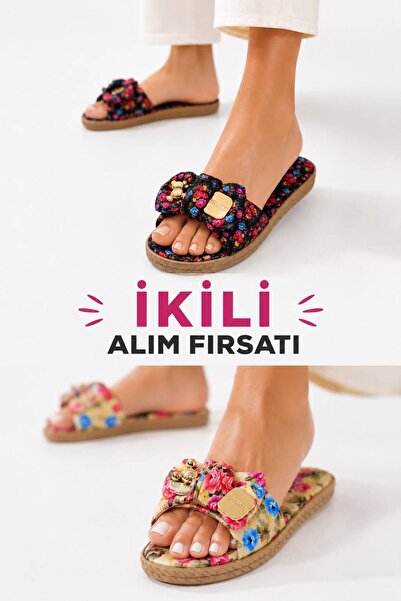 PAPUCUMUN DÜNYASI Women's Flower-Patterned Stone-Bow Detail Stylish Daily Sli...