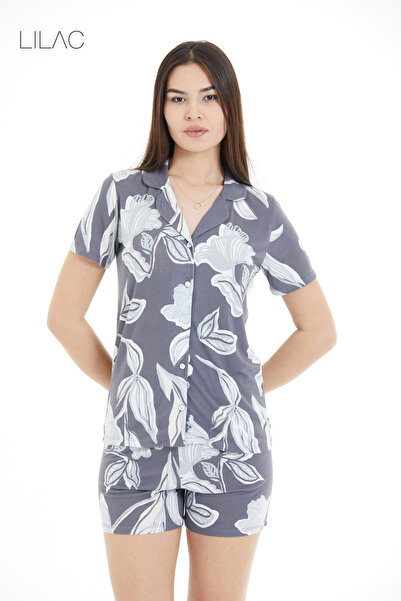 LILAC Women's 100% Viscose Floral Patterned Shirt Collar Shorts Set