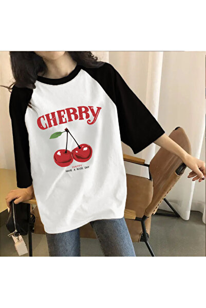 LUMSHİNE Oversize Cherry Printed Crew Neck Raglan Sleeve Detailed T-Shirt