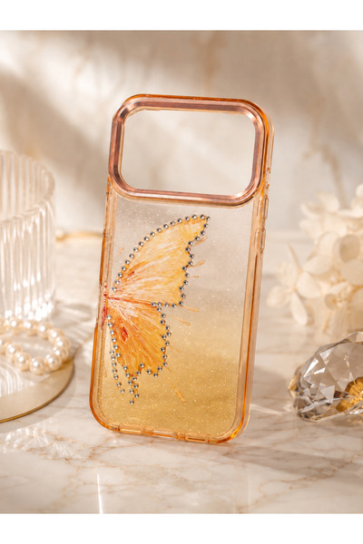 botyco Iphone 17 Pro (6.3 inç) Uyumlu Simli Şeffaf Kelebek Desenli Renk Geçiş...