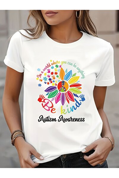 212Wear تي شيرت نسائي للتوحد بتصميم "Be Kind" مع رسومات أيادي ملونة بالزهور، ...