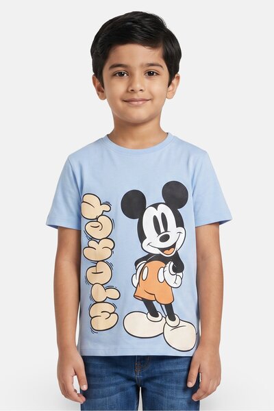 Disney Kids Boy Crew Neck Short Sleeve Mickey Mouse Print T-Shirt, Sky Blue