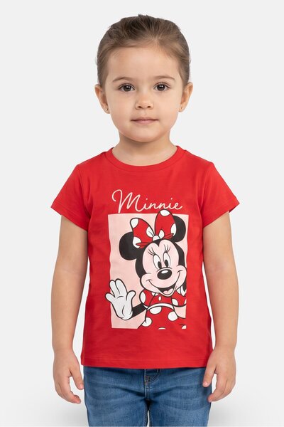 Disney Toddlers Girl Crew Neck Short Sleeve Mickey Minnie Print T-Shirt, Red