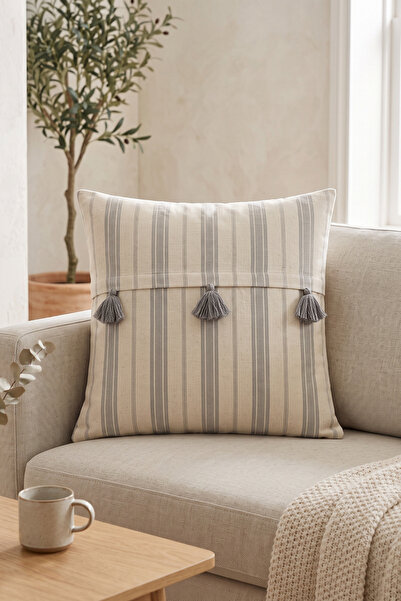 cottoncloth غطاء وسادة زخرفي بوهيمي من القطن المخطط باللون الرمادي مع شراشيب،...