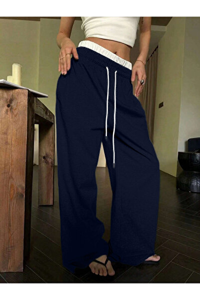 Take Two By Styli Navy Blue Solid Elastic Drawstring Waist Wide Leg Joggers