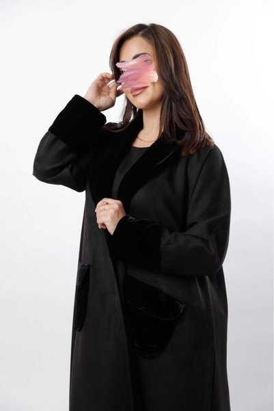 Anaqa Abaya Black Suede Abaya with Black Velvet Accents and Pockets