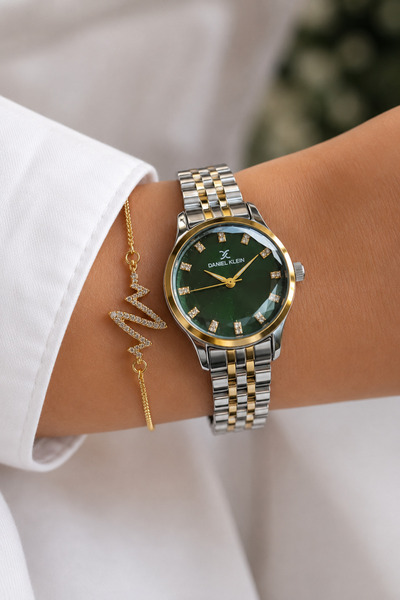 Daniel Klein Green Dial Gold Silver Color Minimal Women's Wristwatch - with B...