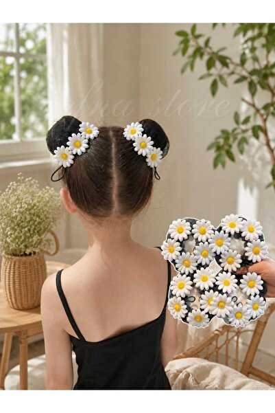 Efna Store White Daisy Figured Mesh Bun Clip, Ballerina Bun (1 Piece)