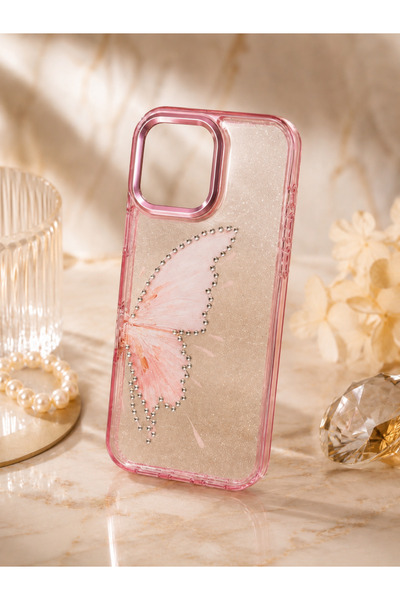 botyco Iphone 16 Pro (6.3 inç) Uyumlu Simli Şeffaf Kelebek Desenli Renk Geçiş...