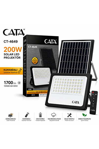 Cata CT-4649 200W Kumandalı Solar LED Projektör Güneş Enerjili Bahçe Dış Meka...