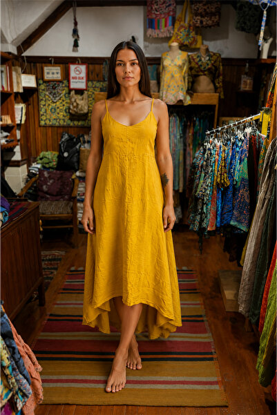 Miss Boheme Mustard Color Italian Linen Dress with Short Front and Long Back ...