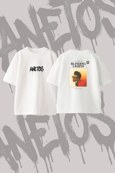Anetos The Weeknd Blinding Lights Design Back Printed Cotton White Oversize T...