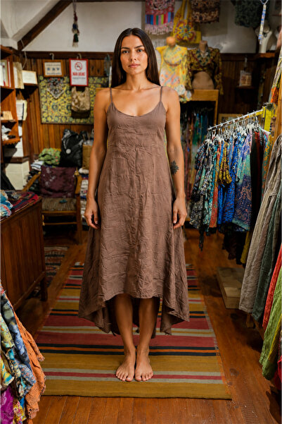 Miss Boheme Brown Italian Linen Dress with Short Front and Long Back and Elas...