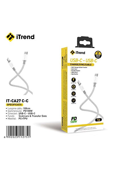 itrend Cablu USB-C la USB-C iTrend, 1 m, Încărcare Rapidă PD 100W, PC + TPU, Alb