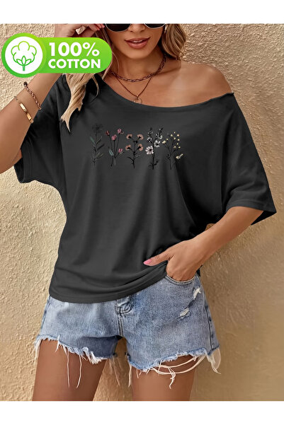 PALPİTO Γυναικείο μπλουζάκι με στάμπα Flower Garden, Oversize, με λαιμόκοψη K...