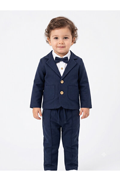 Çelix Kids Erkek Bebek Papyonlu %100 Cotton 4 Lü Takım Elbise