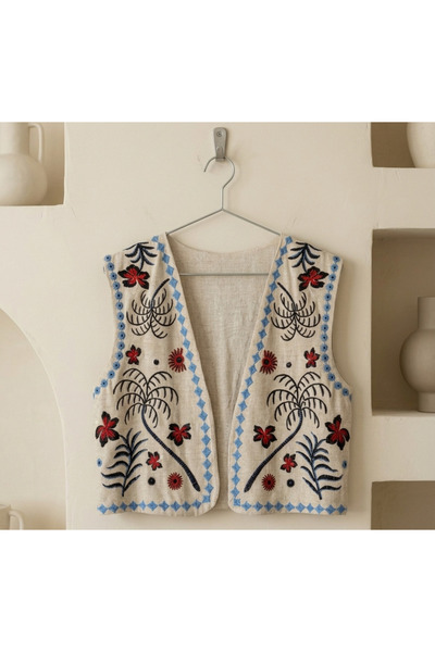Yoncha Studio Bohem İşlemeli Keten Kadın Yelek - Etnik Nakışlı Oversize Yelek