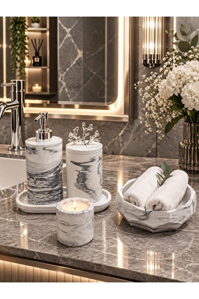 BeeCandleHome Beyaz ve Füme Mermer Desenli 6'lı El Yapımı Oval Tabaklı - Muml...