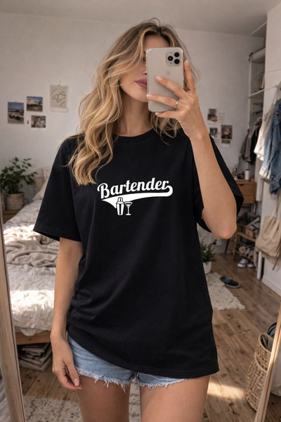 cesita Bartender Barmen Printed Cotton Black T-Shirt T-Shirt