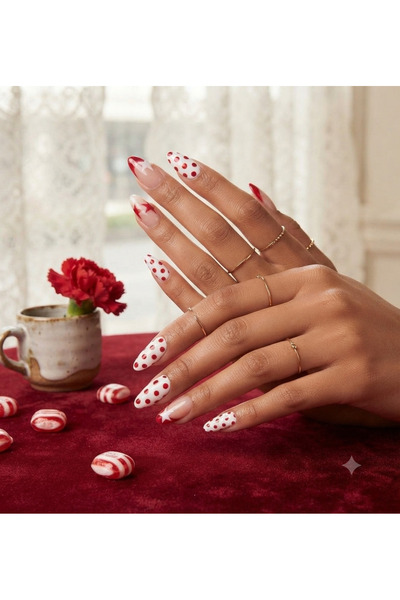 Shades On Nails Handmade Press-On Nails Set - Bold Red and White Polka Dot & ...