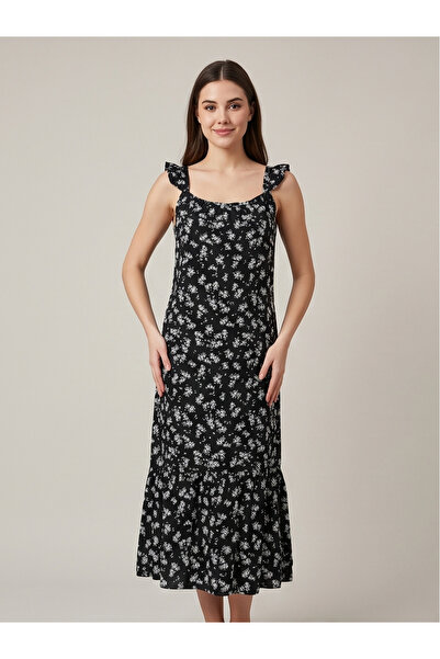 gökçesu Women's Strappy Patterned Summer Dress - Ruffle Detailed Strappy Midi...