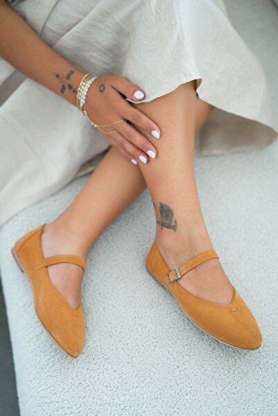 Parponi Will Belted Round Toe Genuine Suede Leather Ballerinas Mustard