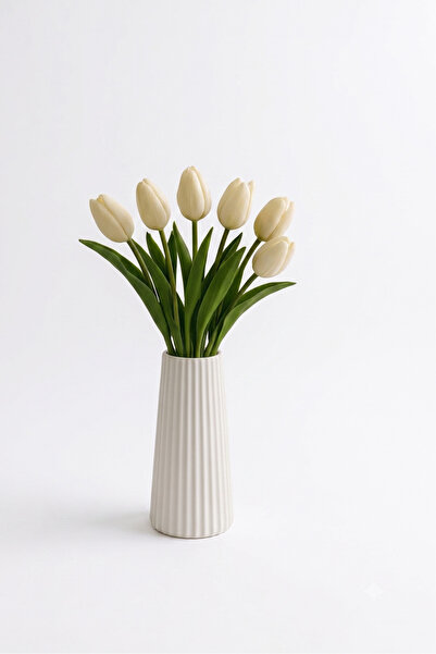 Metsare Stylish White Striped Concrete Flower Vase for Modern Decoration - Mi...