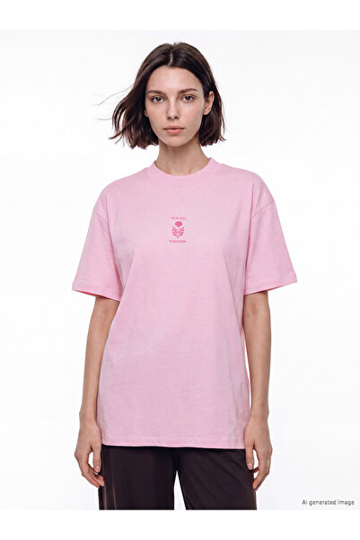 LC Waikiki Lcw Modest Pink Printed 100% Cotton Women's T-Shirt