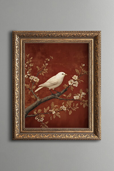 epiqart White Bird and Floral Branch Painting - Vintage Patterned Painting - ...