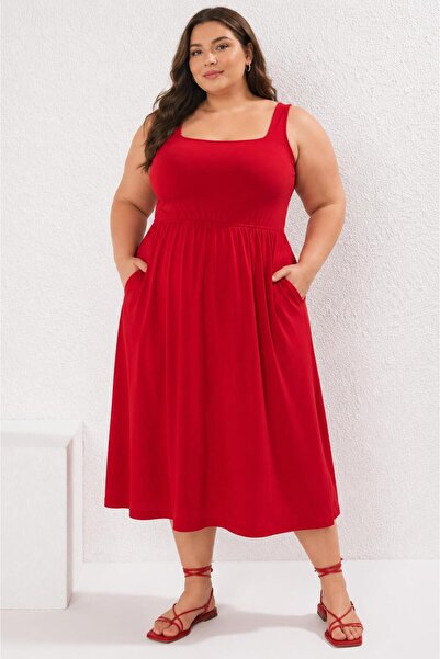 umut tekstil imalat Red Dress with Straps, U-Neck Dress