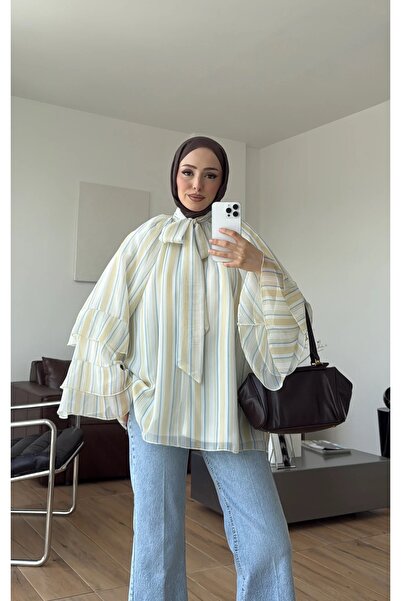 manoire Kolları Volanlı Şifon Fularlı Astarlı Yazlık Bluz