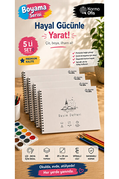 KarmaOfis 25x35 cm spiralna sveska za crtanje 5 komada 40 listova | Sveska za...